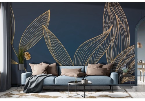 Stylized tropical leaves wallpaper gold blue