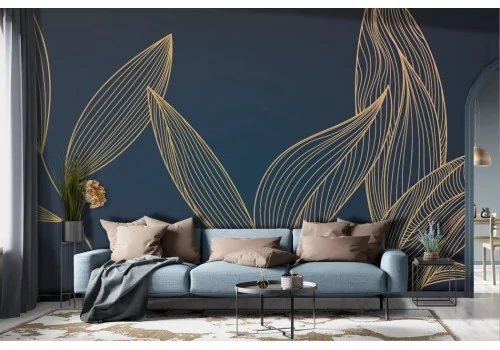 Tropical Leaves Wallpaper Stylized Gold Blue -a436