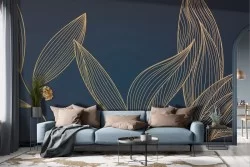 Carta da parati foglie tropicali stilizzate oro blu