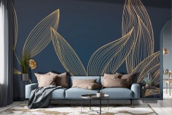 Stylized tropical leaves wallpaper gold blue