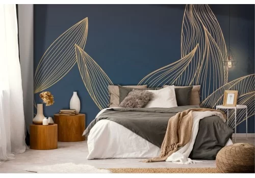 Carta da parati foglie tropicali stilizzate oro blu 2