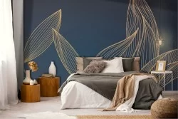 Carta da Parati Adesiva foglie tropicali stilizzate oro blu