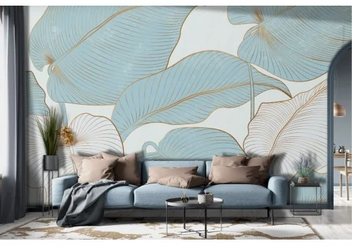Tropical Leaf Wallpaper in Gold and Azure -a437