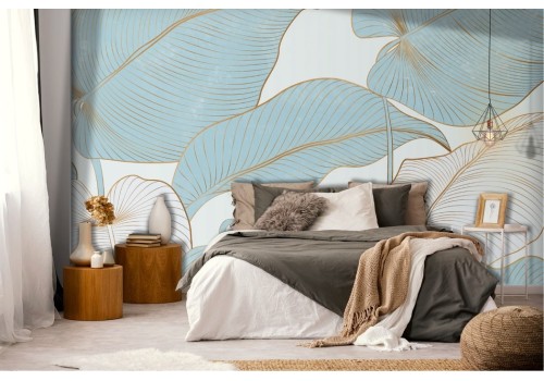 Stylized tropical leaves wallpaper in gold and azure 2