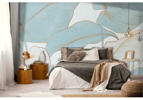 Stylized tropical leaves wallpaper in gold and azure 2