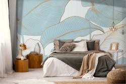 Adhesive Wallpaper with stylized tropical leaves in gold and azure