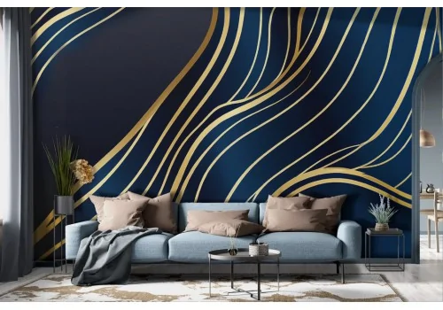 Carta da parati moderna onde oro sfondo blu