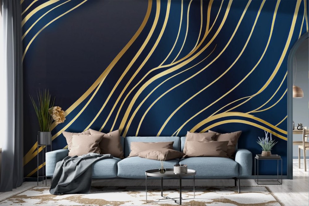 Carta da parati moderna onde oro sfondo blu