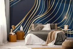 Carta da Parati Adesiva moderna onde oro sfondo blu