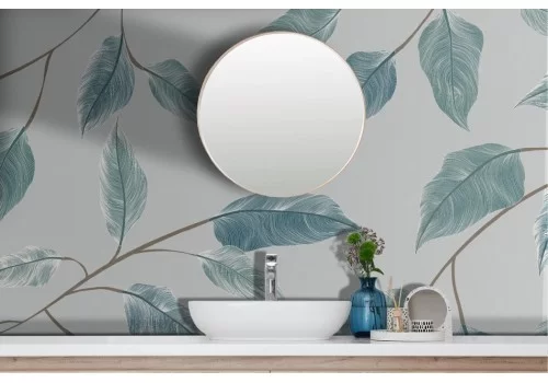 Carta da parati stilizzata foglie azzurre oro 2