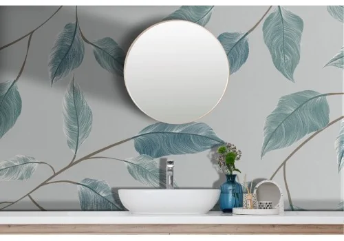 Stylized wallpaper blue gold leaves 2