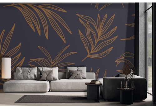 Stylized tropical leaves wallpaper gold on purple background