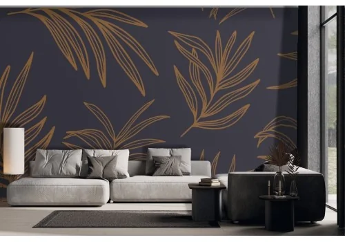 Tropical Leaves Wallpaper stylized gold on purple background -a451