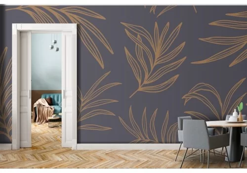 Carta da parati foglie tropicali stilizzate oro sfondo viola 2