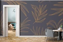 Adhesive Wallpaper stylized tropical leaves gold on purple background