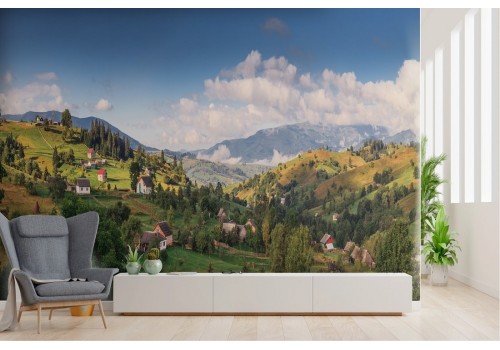 Wallpaper of hills with houses mountain landscape