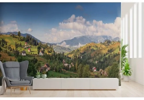 Wallpaper hills with houses mountain landscape