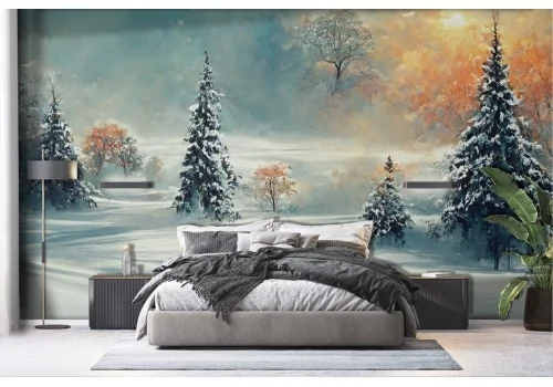 Wallpaper painted winter landscape snow -a462
