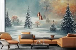 Adhesive Wallpaper painted winter landscape snow