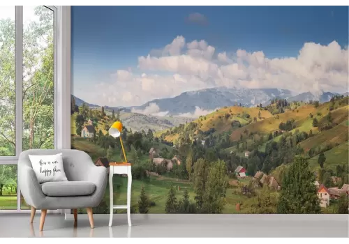 Carta da Parati colline con abitazioni paesaggio montagna 2