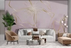 Carta da Parati Adesiva fiori stilizzati oro sfondo rosa