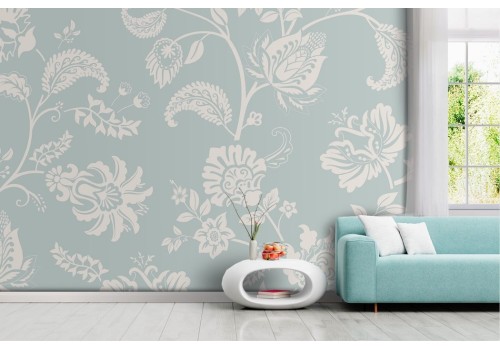 Vintage damask wallpaper with white flowers on light blue background