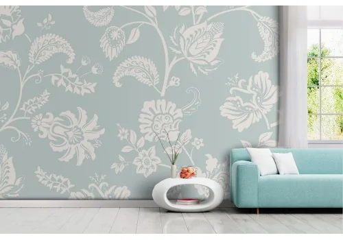 Vintage damask wallpaper with light blue white flowers -a469