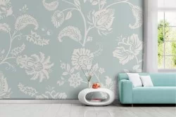 Vintage damask wallpaper with white flowers on light blue background