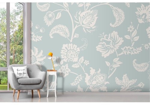 Vintage damask wallpaper with white flowers on light blue background 2