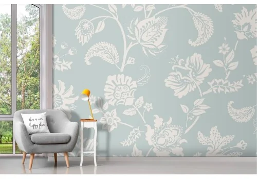Vintage damask wallpaper with white flowers on light blue background 2