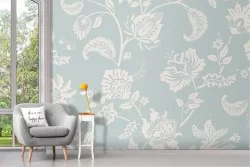 Carta da Parati Adesiva damascata vintage fiori bianchi celeste