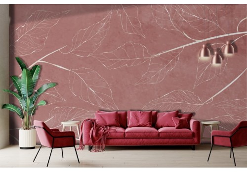 Red marble effect wallpaper with stylized leaves