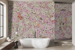 Floral wallpaper with pink and white roses
