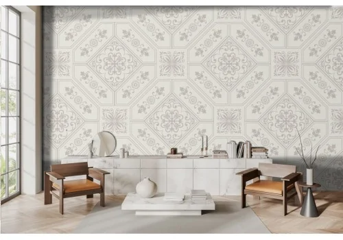 White Geometric Damask Wallpaper -a491