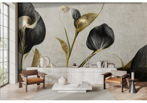 Vintage wallpaper gold and black flowers