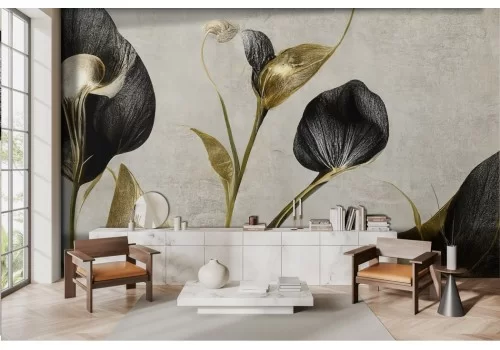 Vintage wallpaper gold and black flowers