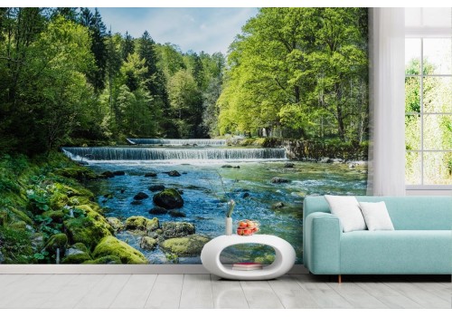 Forest wallpaper with river and waterfall