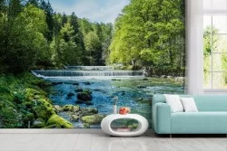 Forest wallpaper with river and waterfall