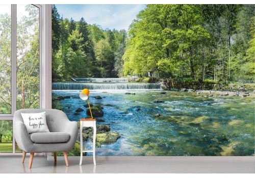 Carta da parati bosco con fiume e cascata 2