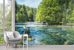 Carta da Parati Adesiva bosco con fiume e cascata