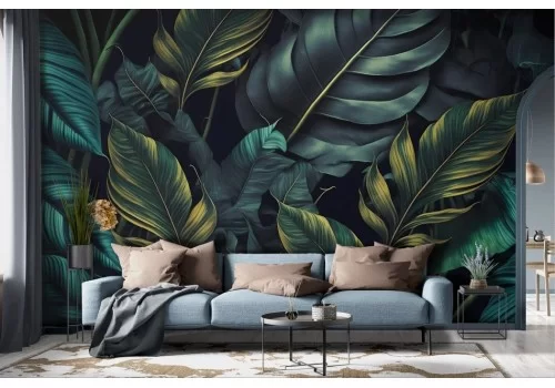 Carta da parati foglie tropicali grandi verde