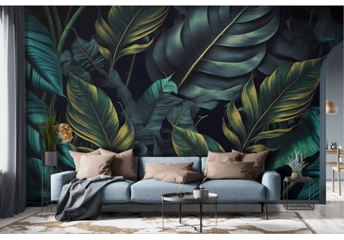 Large green tropical leaves wallpaper