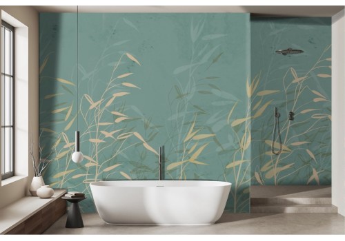 Wallpaper stylized leaves gold aqua green