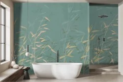 Wallpaper stylized leaves gold aqua green