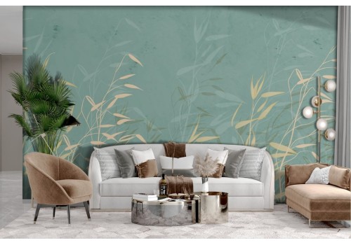 Wallpaper stylized leaves gold aqua green 2