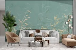 Adhesive Wallpaper with stylized gold and aqua green leaves