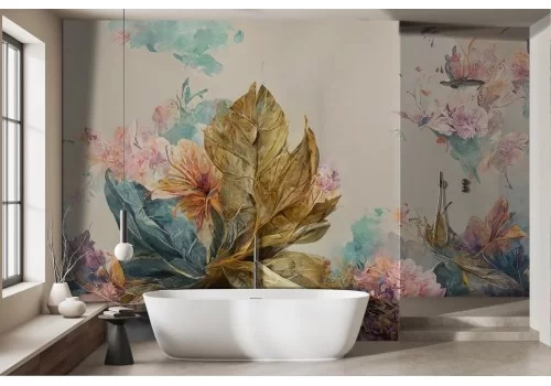 Vintage wallpaper with rose gold flowers