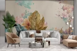 Carta da Parati Adesiva vintage fiori oro rosa