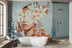 Tropical flowers woman wallpaper