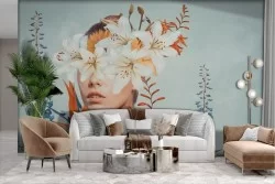 Adhesive Wallpaper Tropical Flowers Woman